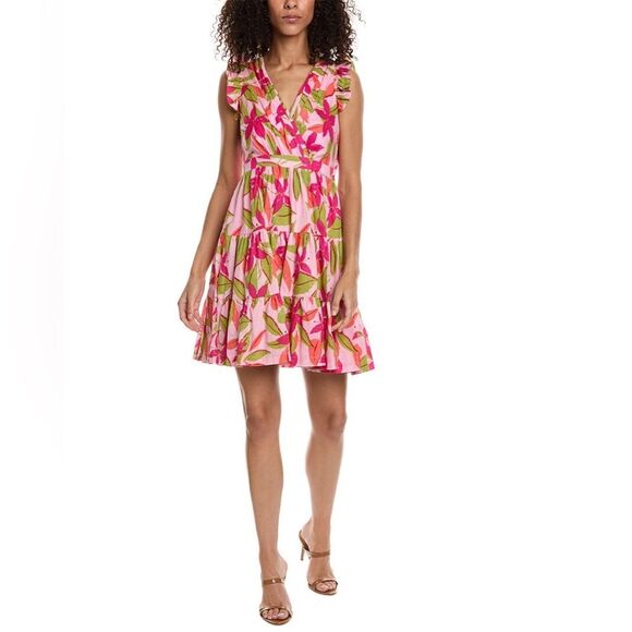 Taylor Lawn Printed Pink Sundress with Flutter Sleeves and V-Neck Large - Picture 1 of 9